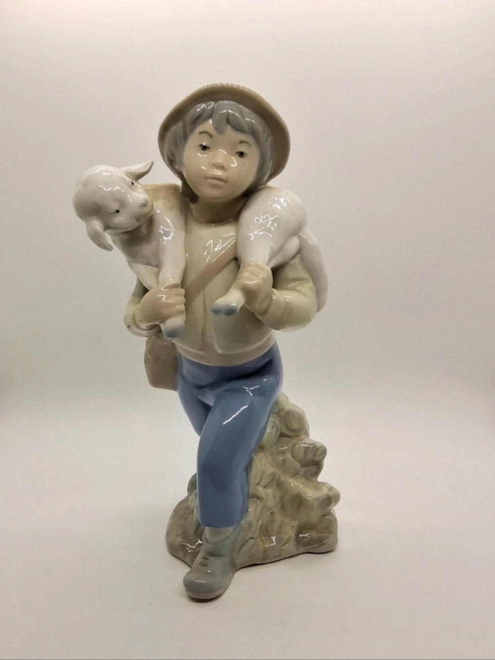 Rex Valencia Spain Porcelain Boy with Lamb Figurine Vintage Spanish Ceramic 10”